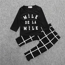 children clothes baby spring cotton sets MILK letters long sleeved T-shirt + tartan design pants newborn boy girl suits 1079 14