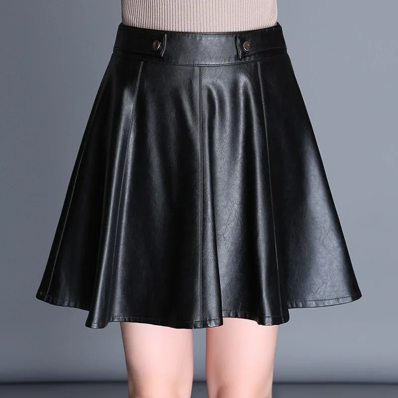 SWYIVY Autumn Faux Leather Lady Skirt Saft 2018 Black Umbrella Mini Skirt Slim Mid Waist Female 4XL Fashion Leahter Skirts