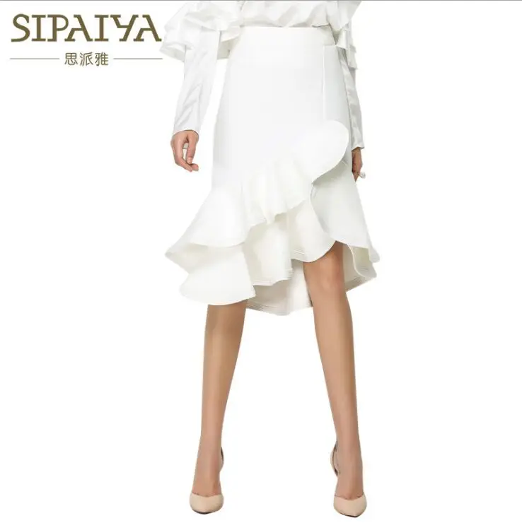 

2019 High Quality Brands Irregular Skirts Fashion Elegant OL Slim Lady New Arrival Women's Solid Black and White Ruffles Skirt