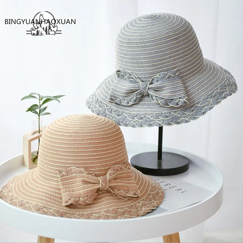 BINGYUANHAOXUAN قبعة من القش المرن كبيرة حافة قبعة الشمس المرأة الصيف القوس شاطئ كاب كبيرة طوي قبعات فيدورا للنساء الفتيات