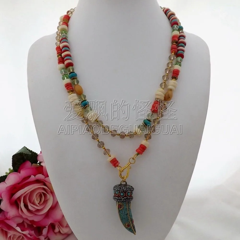 

N071606 45'' Blue Stone Coral Crystal Macarsite Pendant Necklace