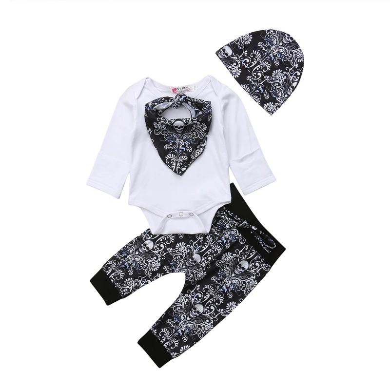 Baby Boys Girls Halloween Outfits Clothes White Tops Romper+Skull Flower Long Pants Toddler Kids Spring Autumn Outfits Clothes