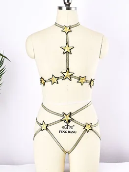 

Flashing Pentagram Silver Punk Body Harness Bondage Sexy Lingerie Fetish Bralette Pastel Goth Panties String Set