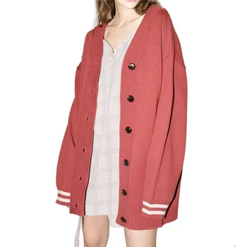 

Fashion Cute Loose contrast color Long Sleeve SML XL V-neck 2 colors Woman Casual long Knitwear Lady cardigans Sweater