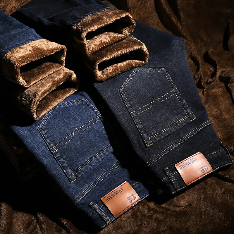 British style winter fleece warm winter men's jeans trousers skinny