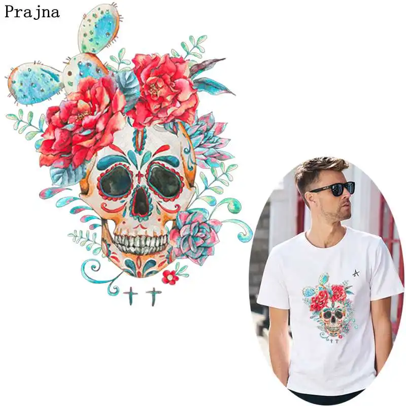 

Prajna Skull Flower Iron On Patches For Clothing Summer Style Stickers On Clothes T-shirt Jeans Washable Decor Heat Transfer DIY