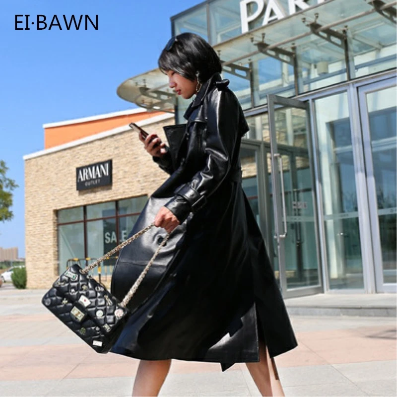 

Genuine Leather Trench Coat Women Plus Size Long Coats Ladies Sheepskin Autumn Winter 2018 Black Lambskin Trench Coats Female