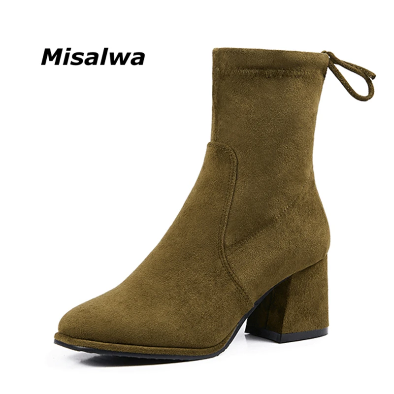 

Misalwa New Fashion Square Toe Woman Flock Short Boots Sexy Thick Heel Ankle Boots Lace-up Spring Autumn Winter Shoes