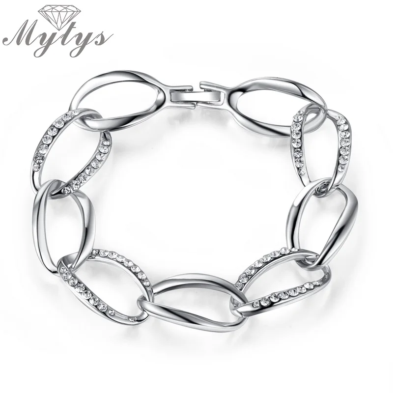 Mytys White Gold Color cubic Zirconal beaded heart link chain bracelet for women B687 | Украшения и аксессуары