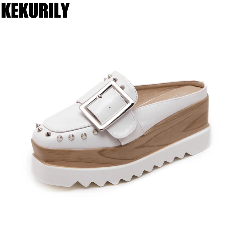 

Shoes Woman Rivet Wedges Mules Buckle Slip on Sandals Square toe Slides Ladies Platform Slippers zapatos mujer black white