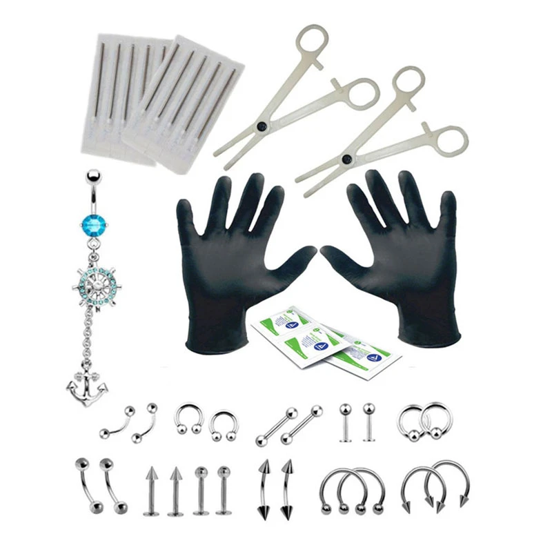 

Tongue Belly Button Internally Threaded Jewelry Piercing Rings Clamp Barbell PRO Body Piercing Kit Navel Ring Scissors Needle