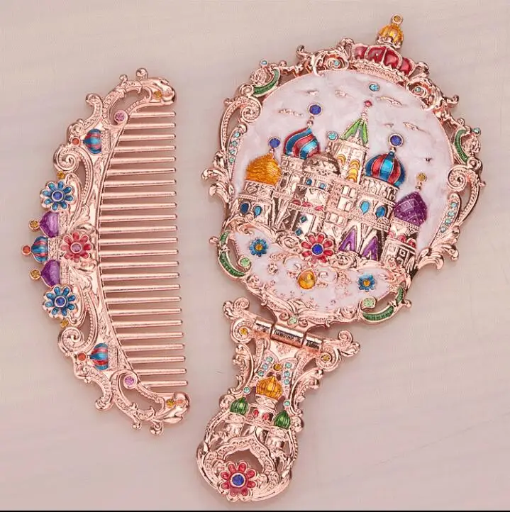 

Russia hand-held small mirror with a comb set Retro portable cosmetic mirror Collapsible Desktop Princess mirror
