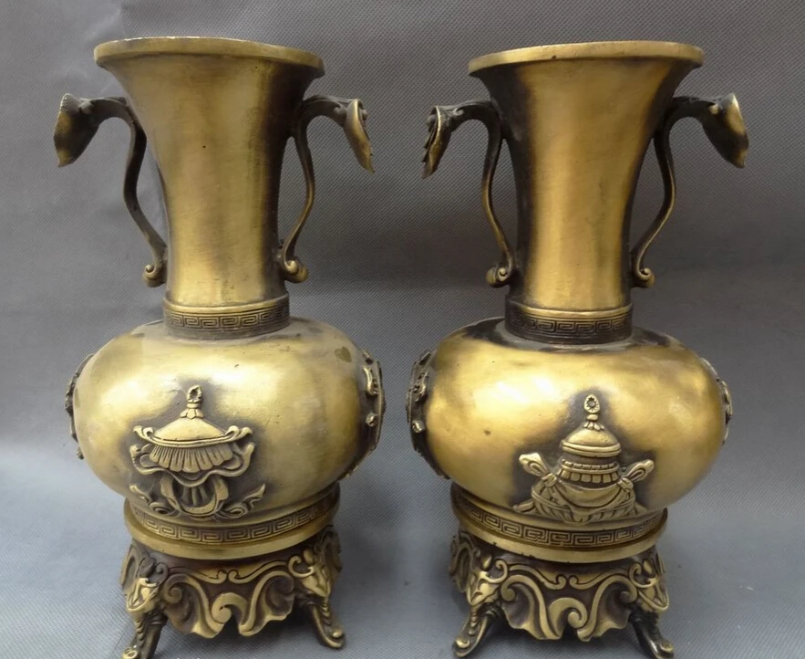 

S5301 11" Chinese Bronze FengShui 8 Auspicious Symboel Elephant Statue Pot Vase Pair D0318