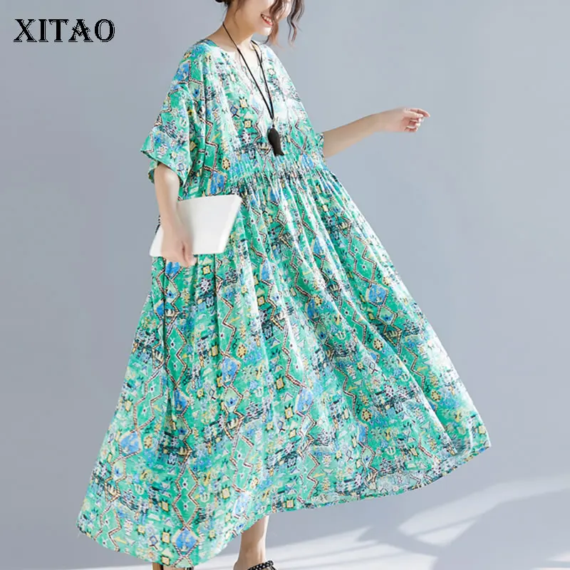 

[XITAO] Loose Women Korea Fashion New 2019 Spring Summer O-neck Half Sleeve Loose Dress Female Pleated Mid-calf Dress WBB2139