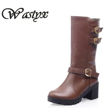 

Wastyx new 2017 mid calf boots fahsion buckle women boots round toe winter ladies casual boots plus size 34-43