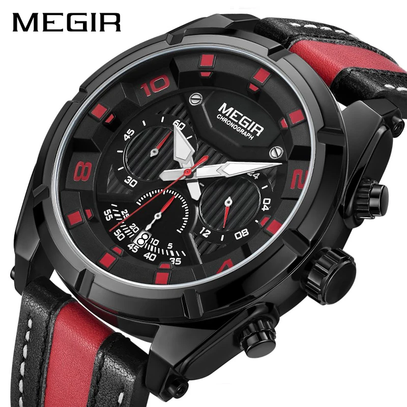  MEGIR Chronograph Sport Watch Men Quartz Wristwatches Clock Fashion Leather Army Military Watches H