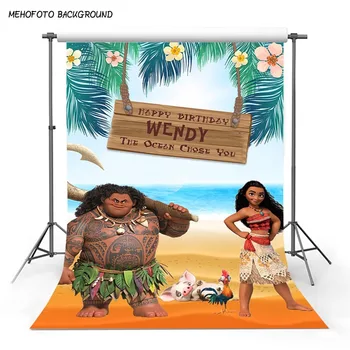 

Colorwonder Photo Background Princess Moana Maui Baby Pig and Cock 5x7ft Tropical Leaves Ocean Scenery Backdrop for Kid Birthday