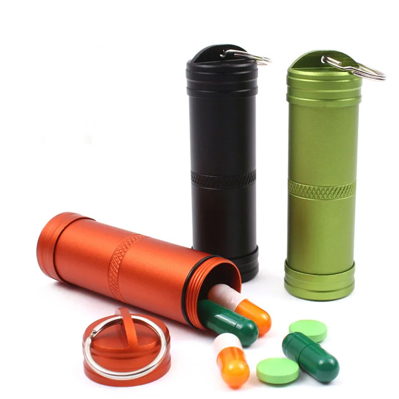 Nuevo resistente al agua de la aleación de aluminio de la medicina sellado puede botellas con llavero deportes al aire libre Camping de Seguridad de Defensa supervivencia partes