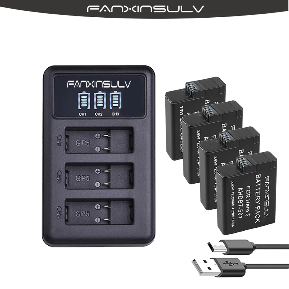 4 Pcs AHDBT 501 Hero5 Battery + USB LED 3-Port Charger with Type C Port for GoPro 2018 Hero 5 GoPro Hero 6 Hero7 Camera Battery