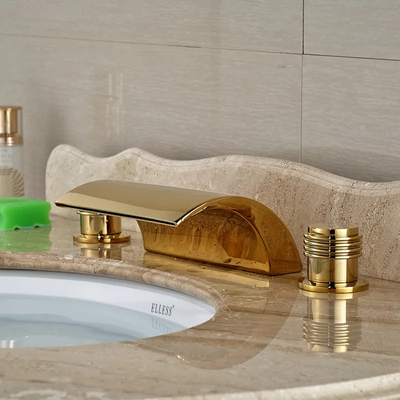 

Newly Luxury Deck Mount Golden Waterfall Basin Faucet Dual Handles Widespread Bathroom Mixer Taps