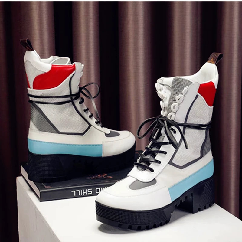 

Motocycle boots Chunky Heels Lace Up Womens Ankle Boots Mixed Color Martin Boots Fashion Short zapatos de botines mujer 2018
