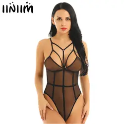 Iiniim/женское белье Bodycon сетки See Through Sheer шеи Strappy стринги с высокой посадкой комбинезон-трико пижама в виде боди костюмы