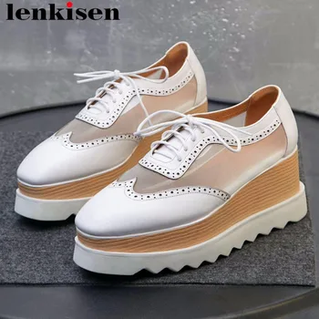 

Lenkisen natural leather lace up wedges platform square toe European designer high heels lace up women pumps increased shoes L59