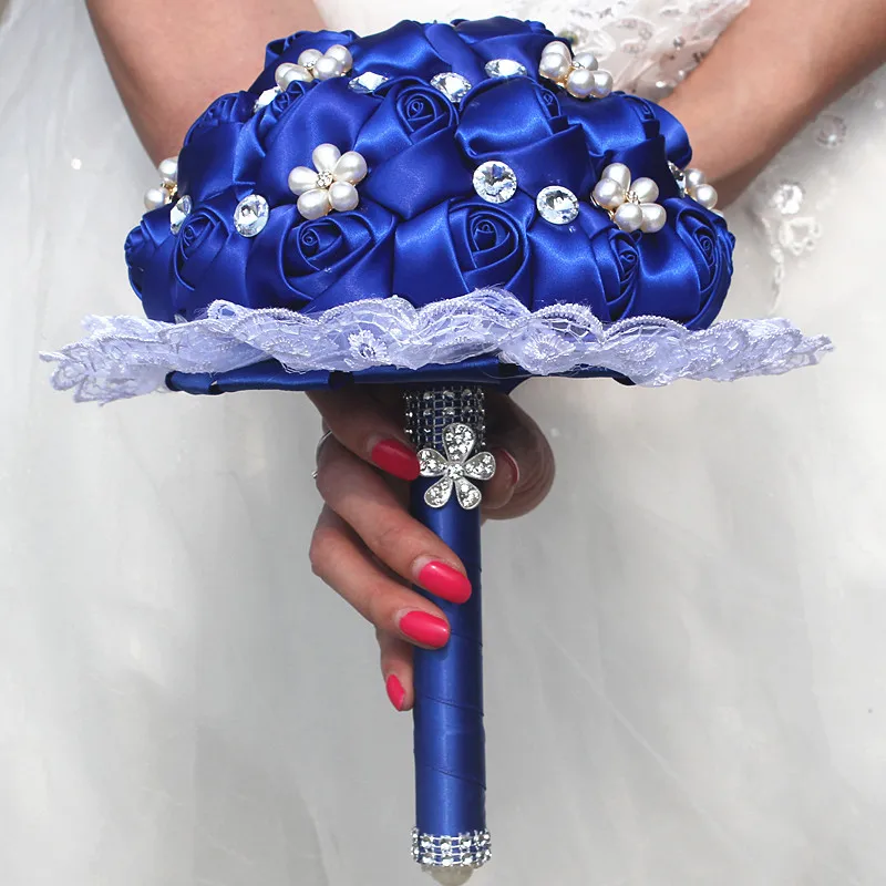 1 шт. Кружева Новые простые королевские синие розы цветы Свадебный букет жемчуг алмаз невесты Свадебные цветы букет W2286