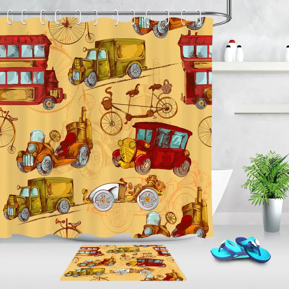 

Funny Tandem bicycle Vintage classic car Red Yellow Curtain and 12 Hooks Set Kids Bathroom mat Waterproof Polyester Cloth Fabric