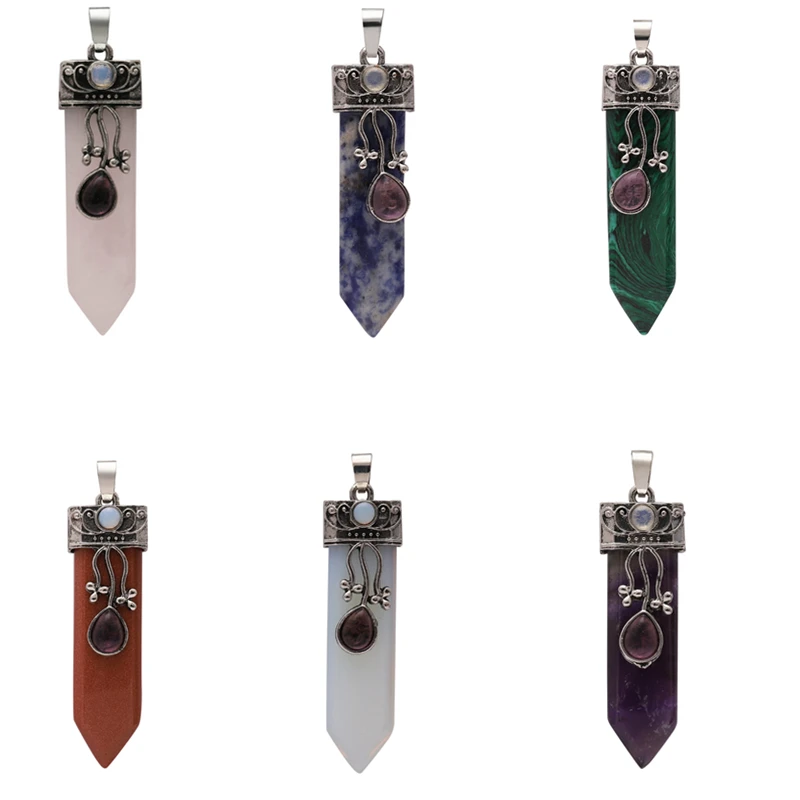 

Vintage Silver Plated Healing Arrow Pendulum Natural Crystal Opal Lapis Onyx Rose Pink Quartz Stone Pendant Fashion Jewelry