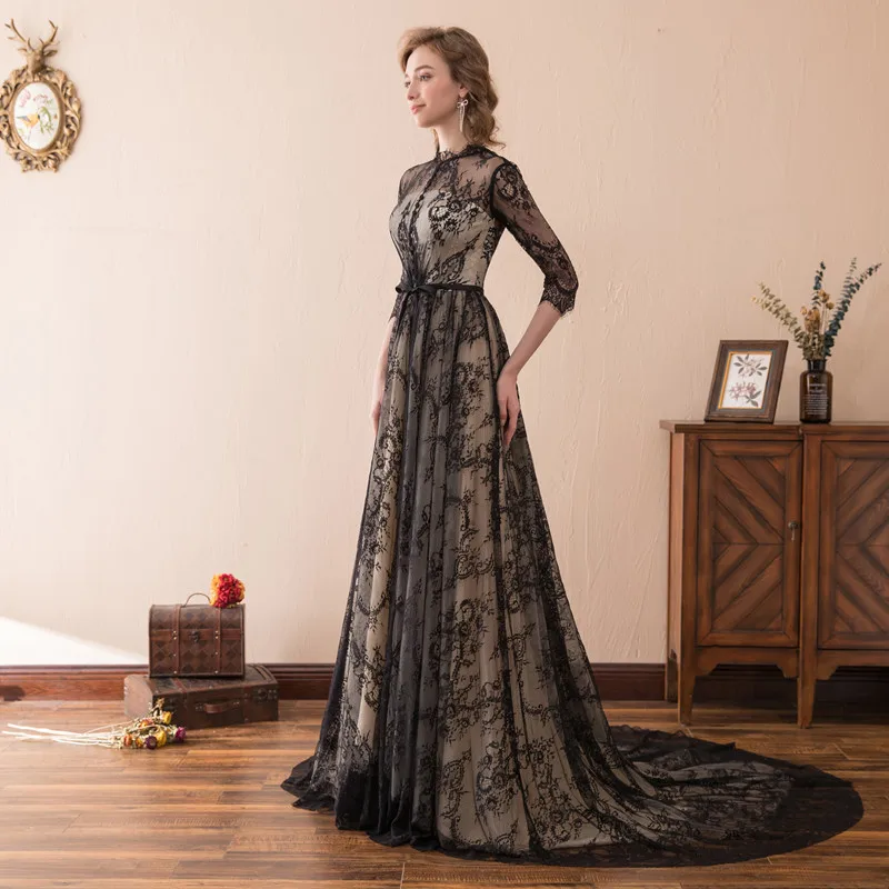 В наличии кружева О образным вырезом три четверти Vestido de festa Longo праздничное