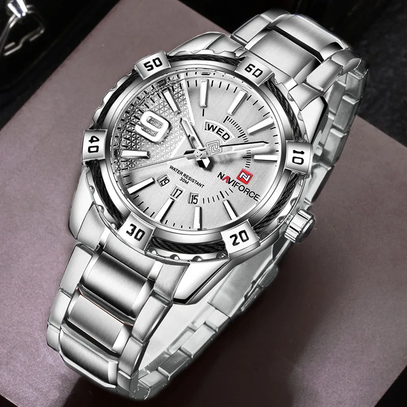 Часы naviforce золотые часы мужские золотые Роскошные бизнес стальные спортивные часы мужские водонепроницаемые Брендовые мужские s часы лучший бренд класса люкс - Цвет: Silver Silver