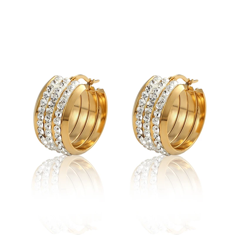 Новая, 3 ряда, Кристальные серьги-кольца для женщин из нержавеющей стали, красивые серьги золотистого и серебристого цвета, ювелирные изделия