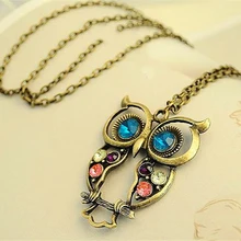 2016 Hot New Fashion Hot Sale Retro Color Block Drill Hollowing Carved Cute Owl Necklace Dress Jewelry X15