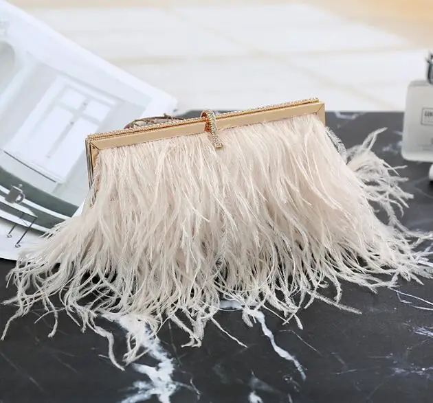 

2019 real ostrich hair evening bag new design European style lady's chain bag feather clutch bag