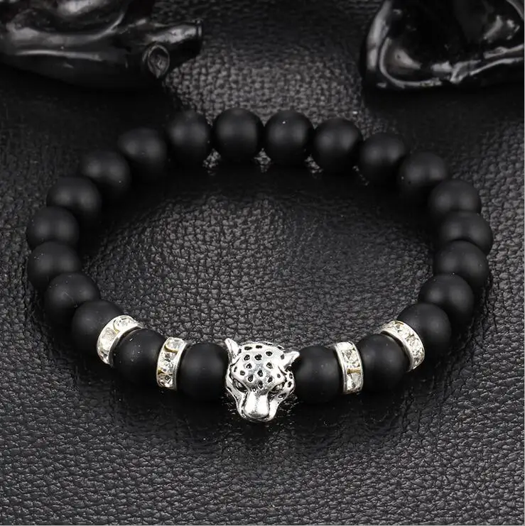 

BPPCCR Matte Lava stone Hand string of prayer beads gold color Bracelets Leopard lion head Crystal CZ Elasticity Bracelet