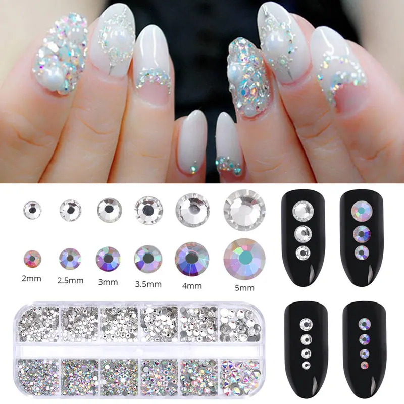 

Multi Size Glass Nail Rhinestones Mixed Colors Flat-back AB Crystal 3D Charm Gems For DIY Manicure Tool Nail Art Decorations