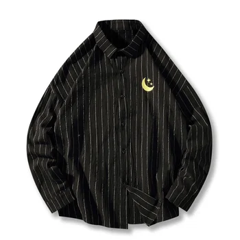 

New Trend Korean Style Fashion Men White Striped Shirt Long Sleeve Shirts Fun Embroidery Weather Icon Cotton Camisa 4XL 5XL