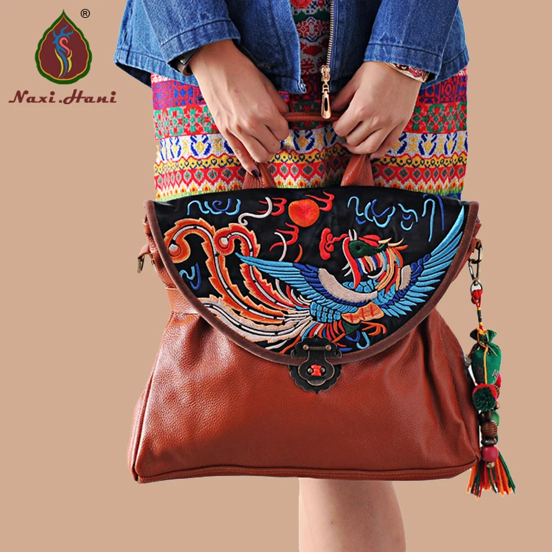 

Online sales Ethnic style Embroidery Cow leather Women handbag Fashion Vintage Brown genuine leather shoulder messenger bags