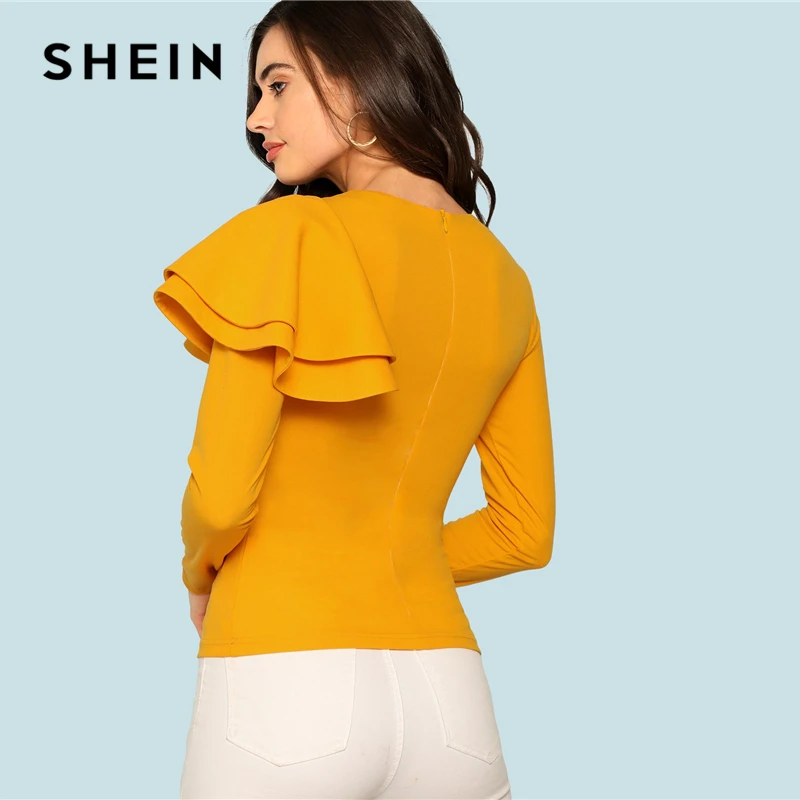 SHEIN элегантная однотонная облегающая футболка с длинным рукавом на молнии сзади и рюшами, Топ для женщин, современная Женская Осенняя футболка