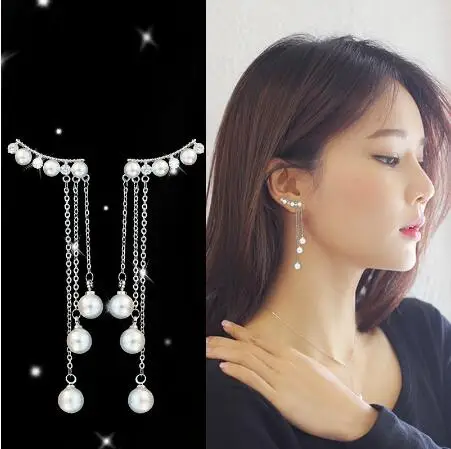 

E 131 Korean fashion temperament long pendant simple pearl earrings wild tassel ear jewelry female jewelry accessories
