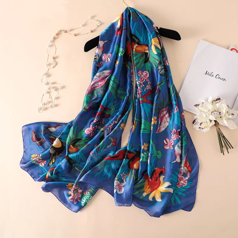 

Women Large Silk Scarf Big Size Bird Print Foulard Female Luxury Bright Long Shawl Beach Travel Designer Wrap NEW [3351]