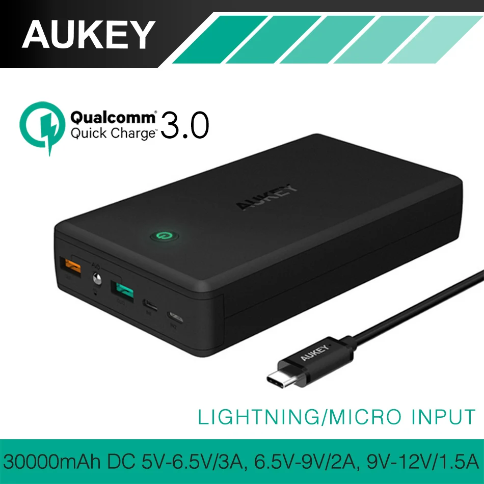 AUKEY Quick Charge 3 0 30000mAh Power Bank Dual USB Output Mobile Portable Charger External Battery