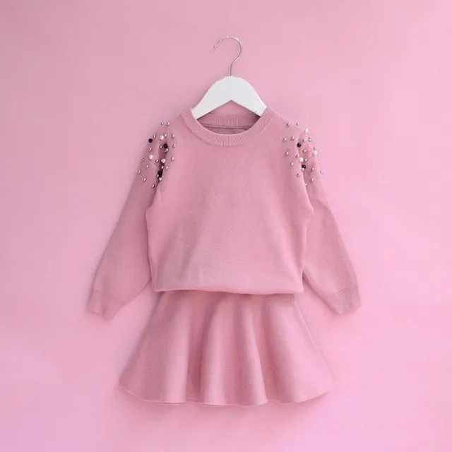 Вязаная одежда для маленьких девочек с бисером комплекты рождественской одежды вязаный свитер юбка комплект из 2 предметов осенне-зимний весенний Детский комплект - Цвет: pink skirts sets