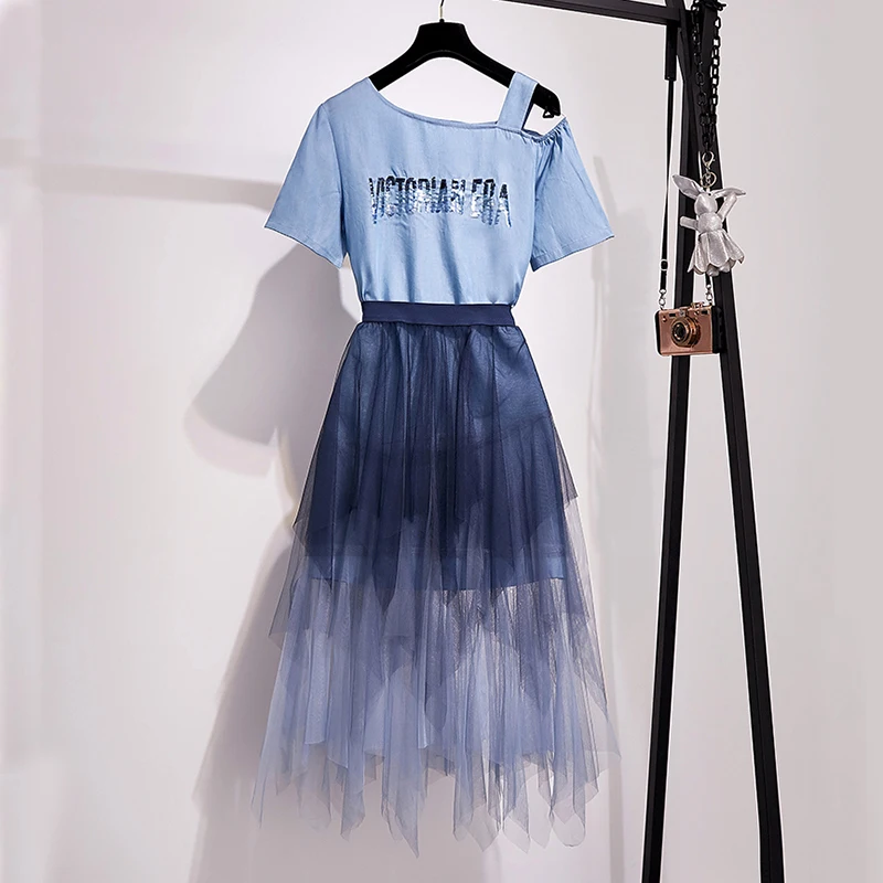 2 Piece Set Women Off Shoulder T Shirt Dress + Irregular Long Mesh Skirt 2019 Summer Two Skirts Plus Size Outfits | Женская одежда