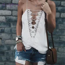 MisShow Summer Style Women Tops Sexy V Neck Camisoles For Ladies Black White Spaghetti Strap Lace Patchwork Hollow Back Cami Top square neck knot at back cami top in white