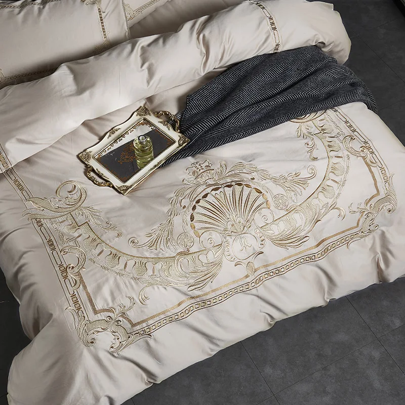 

Luxury Champagne Egyptian Cotton Gold Royal Embroidery European Palace Bedding Set Duvet Cover Bed sheet/Linen Pillowcases 4pcs