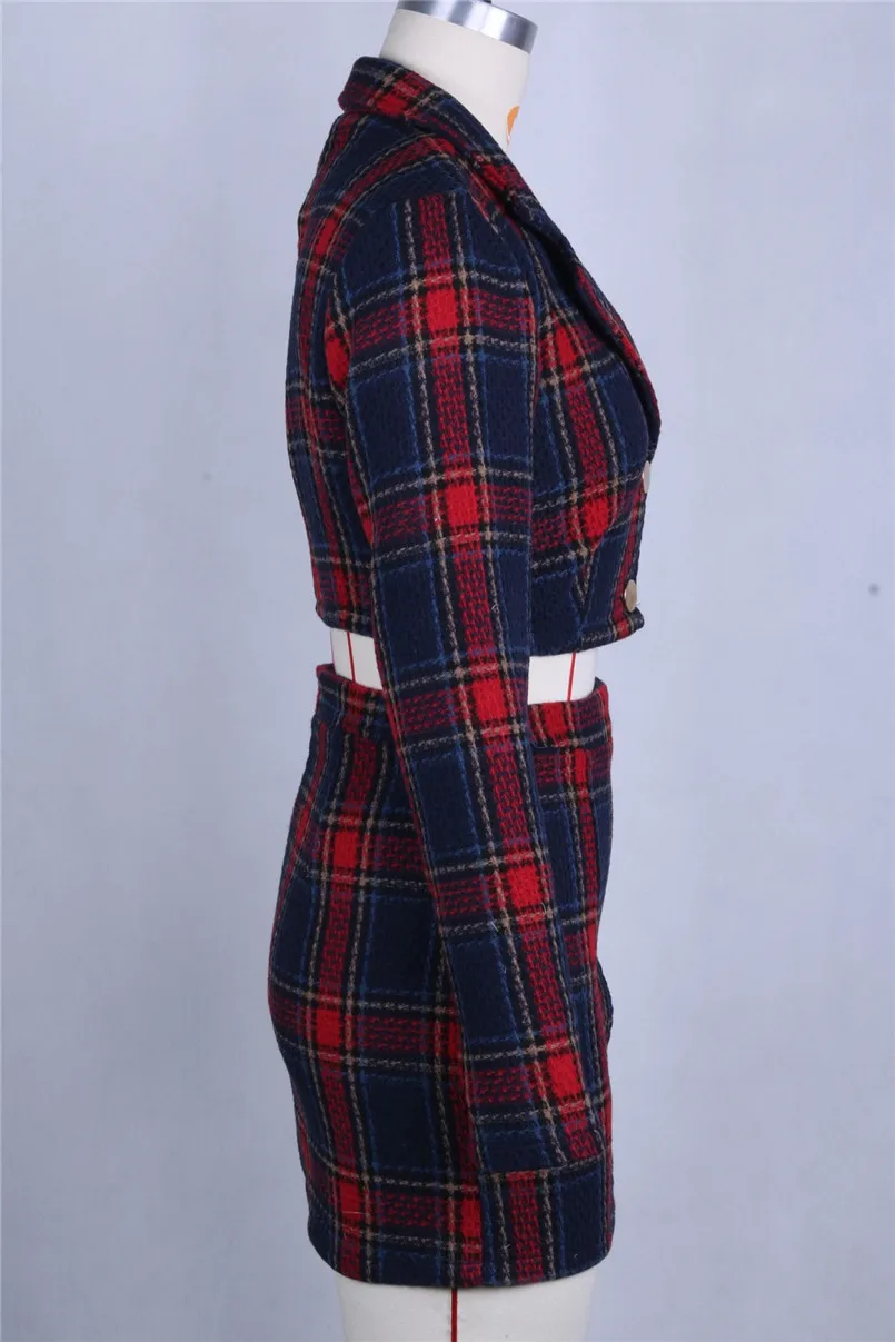 Осенне-зимний женский Красный Клетчатый Тонкий костюм с юбкой, короткий повседневный комплект из двух предметов, блейзер с длинными рукавами, костюм Chandal Mujer