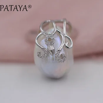 

PATAYA New Arrivals Natural Irregular Big Pearls Open Rings True White Gold Natural Zirconia Luxury Wedding Party Trendy Jewelry