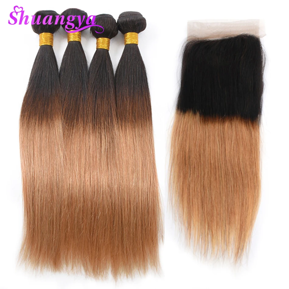 

Shuangya Hair Peruvian Straight Hair Bundles With Closure T1B/27 Ombre Bundles With Closure Remy Hair Human Hair Bundles